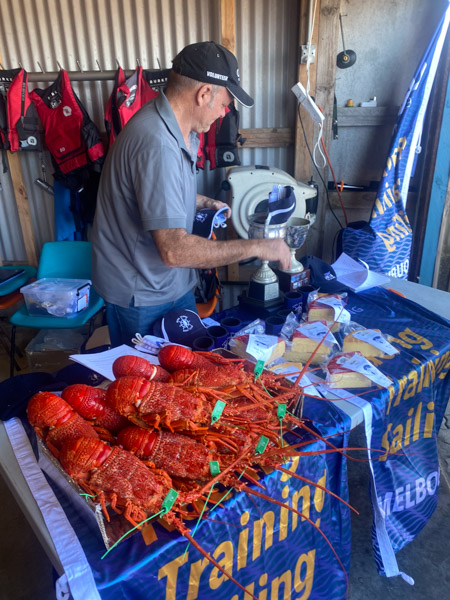 King Island volunteer laying out fresh crayfish and local cheese King Island volunteer laying out fresh crayfish and local cheese for the 2025 ORCV Melbourne to King Island Race presentation at King Island Boat Club, Grassy Harbour, Tasmania