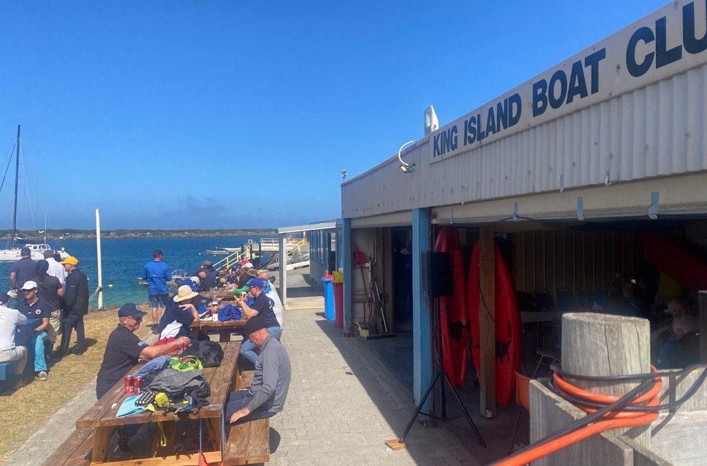Sailors relaxing at King Island Boat Club after the 2025 ORCV Melbourne to King Island Race, Grassy Harbour, Tasmania
