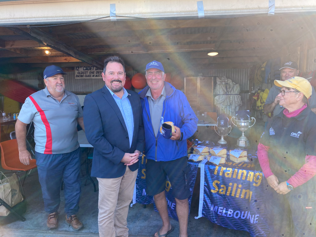 Steve Twentyman receiving his prize cheese at the 2025 ORCV Melb Steve Twentyman receiving his prize cheese at the 2025 ORCV Melbourne to King Island Race presentation, King Island Boat Club, Grassy Harbour, Tasmania